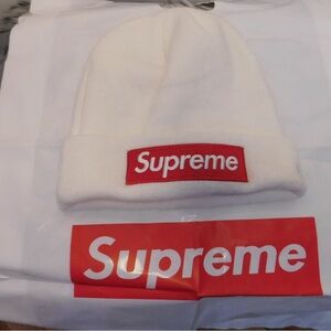 Supreme Cream Beanie with Black Embroidery